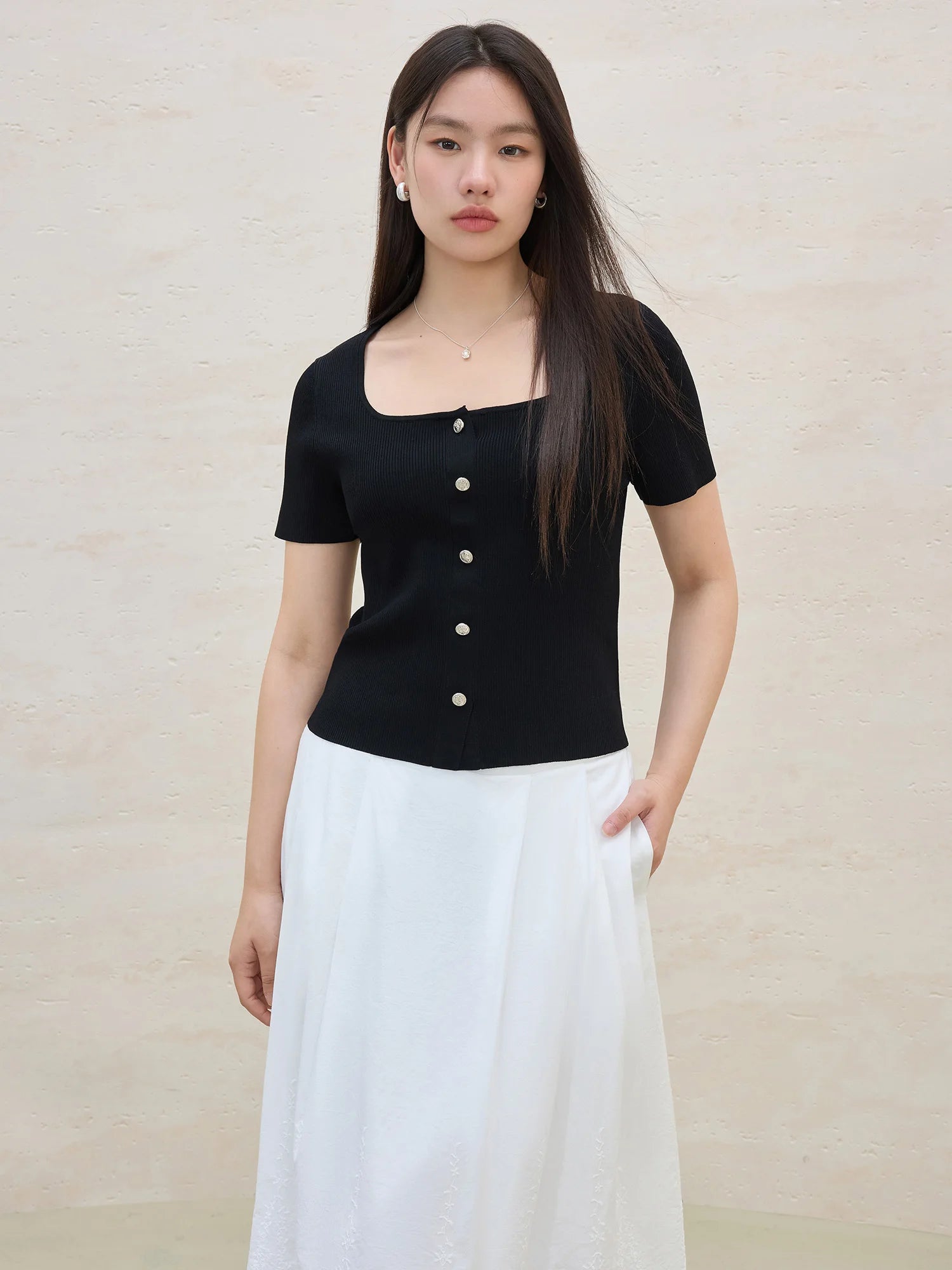DUSHU Commuting Temperament Knitted Short-sleeved Women 2025 Summer New Style Skin-friendly Comfortable Versatile Tops 25DS82040