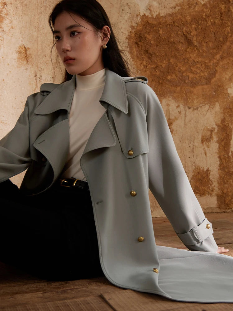 DUSHU Classic British Style Mid Length Trench Coat 2023 Autumn New Retro Style Jacket For Women Grey Casual Loose Women Trench