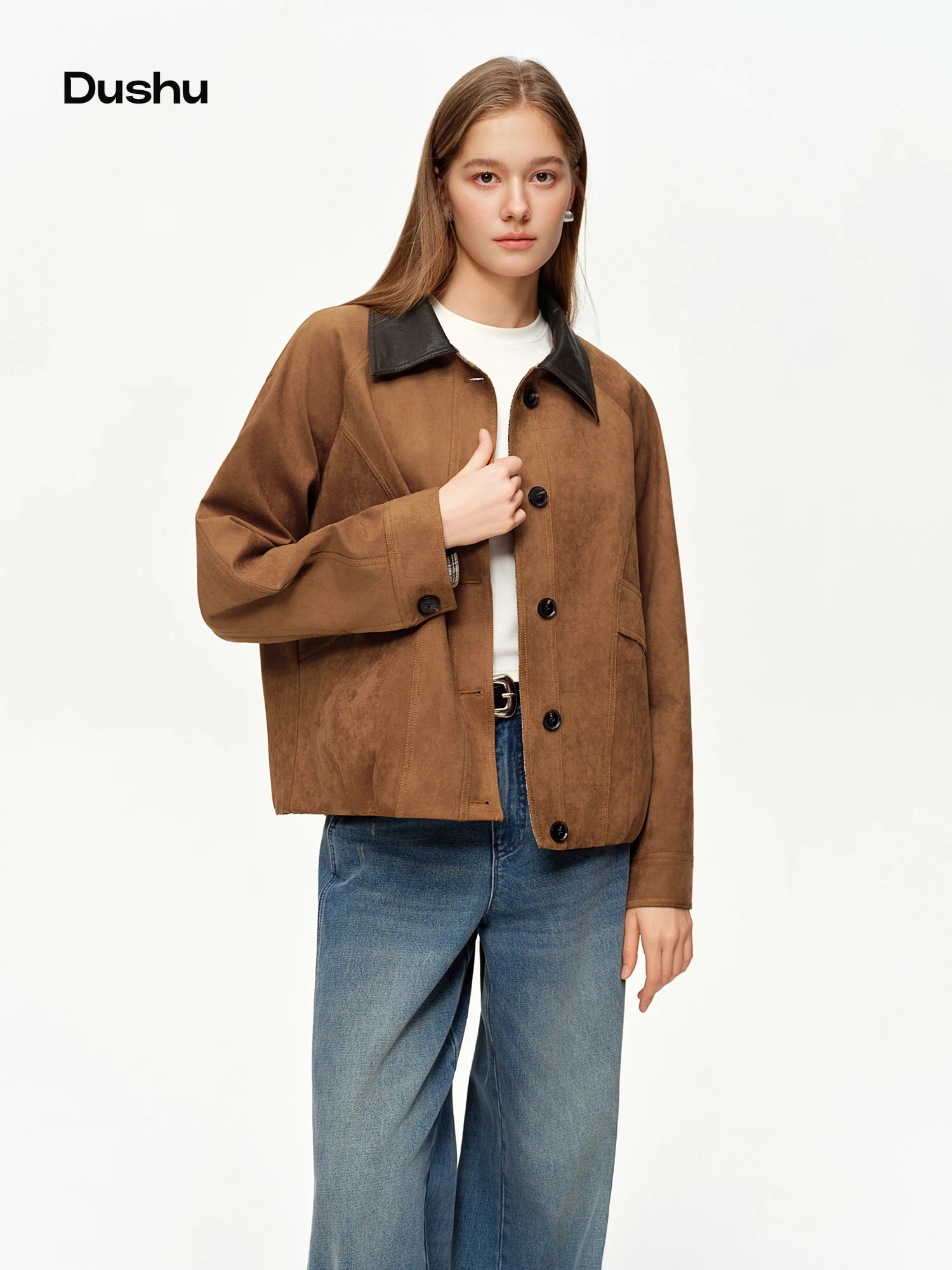DUSHU 2026 Spring Women's Rustic Faux Suede Loose Fit Cropped Jacket - Soft Comfortable Short Coat for Casual Outdoor Daily Wear