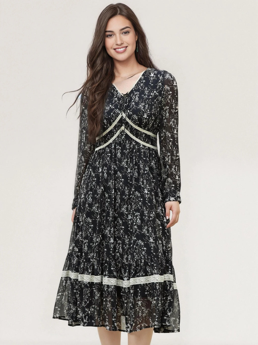 DUSHU Office Lady Women's Flowing Umbrella Chiffon V-neck Lace Dress 2025 Spring Fashion Midi Casual Loose Dress 25DS81218