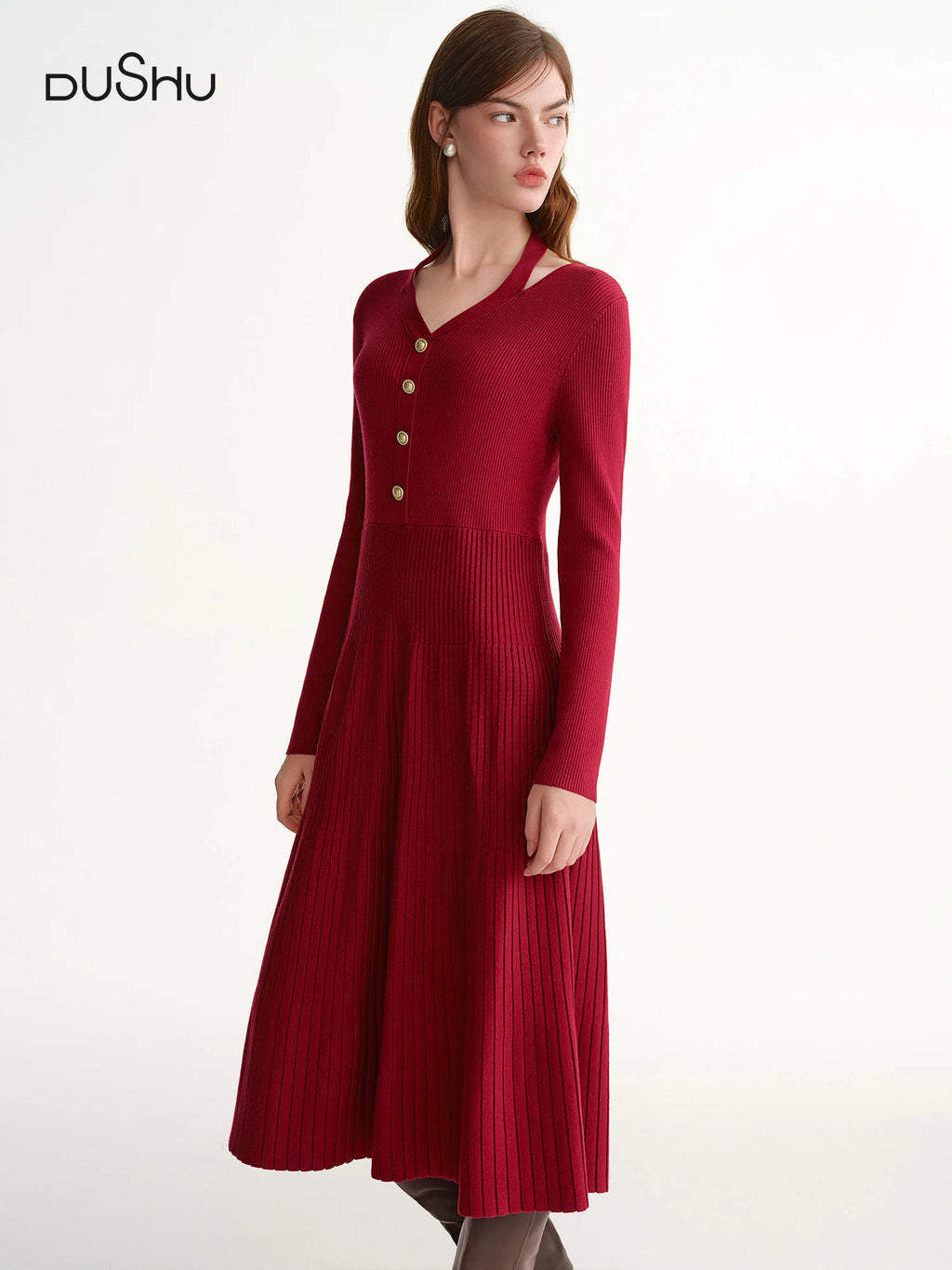 DUSHU Plus-Size Halter Neck V-neck Knit Dress Women Slimming Midi Length Autumn and Winter New Year Red Commuting Streetwear
