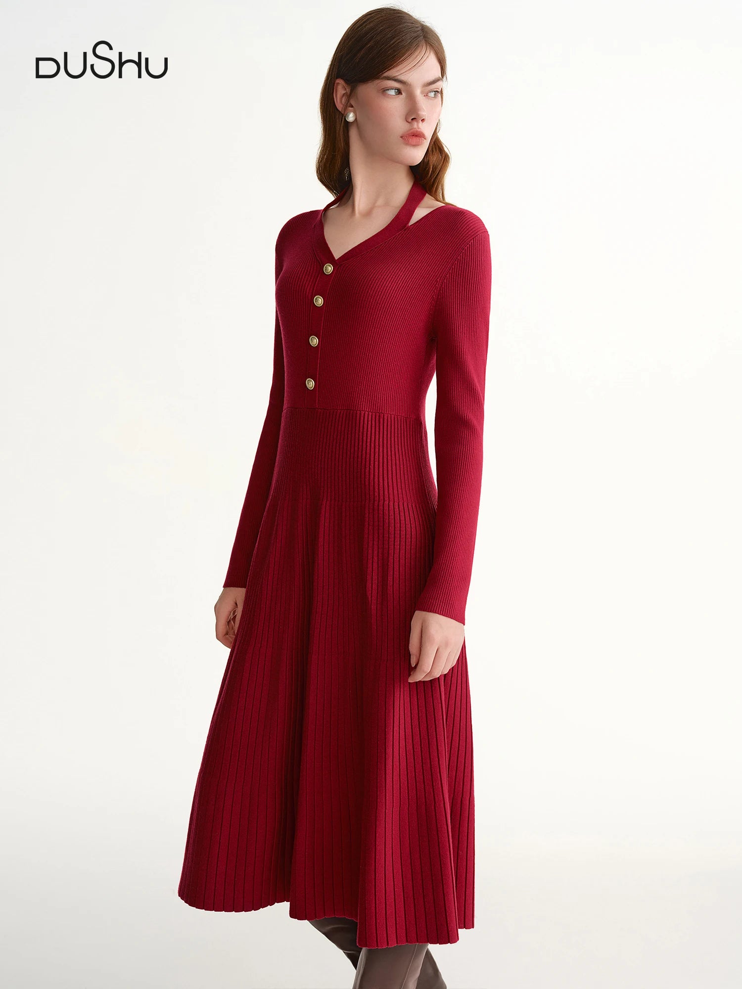 DUSHU Plus-Size Halter Neck V-neck Knit Dress Women Slimming Midi Length Autumn and Winter New Year Red Commuting Streetwear