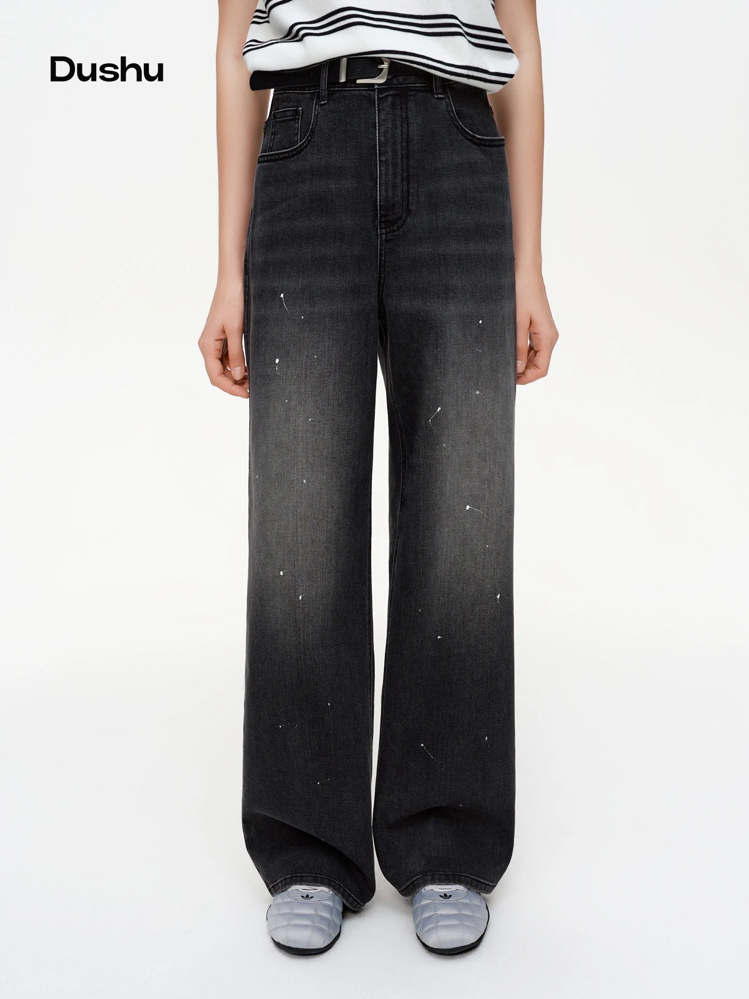 DUSHU 【Ink-Blotted Vintage-Style Jeans】2026 Spring New Arrival Slim-Fit Straight-Leg for Women Floor Lenghth Straight leg jeans