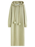 DUSHU 2025 Winter Women's Pom Pom Hooded Knit Dress with Drawstring Waist - Casual Long Sleeve Tunic Dress for Daily Wear