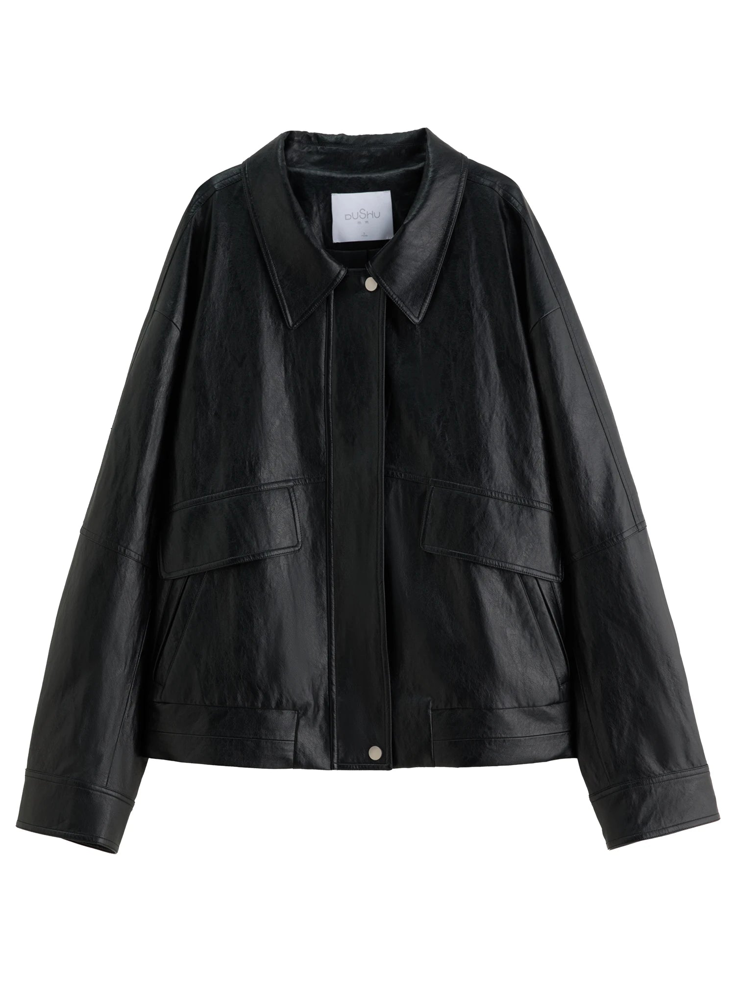 DUSHU Retro Edgy Vibe 2025 Women's Two-Tone Faux Leather Jacket - Vintage Inspired Cropped Biker Coat for Office Casual