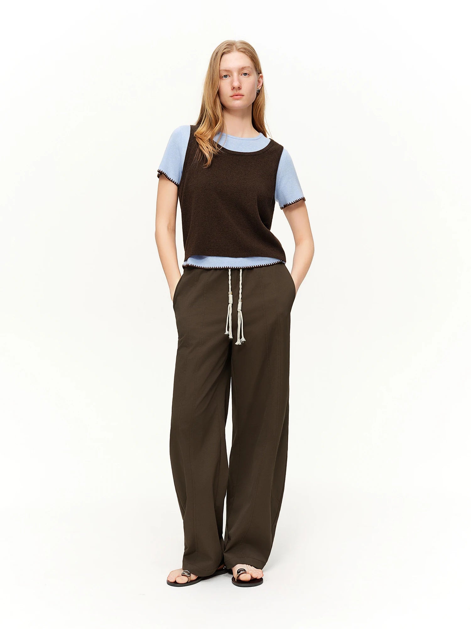 DUSHU 2026 Spring Women's Tie-Waist Bootcut Pants, Elastic High Waist Flared Casual Trousers, Y2K Retro Loose Fit Lounge Pants