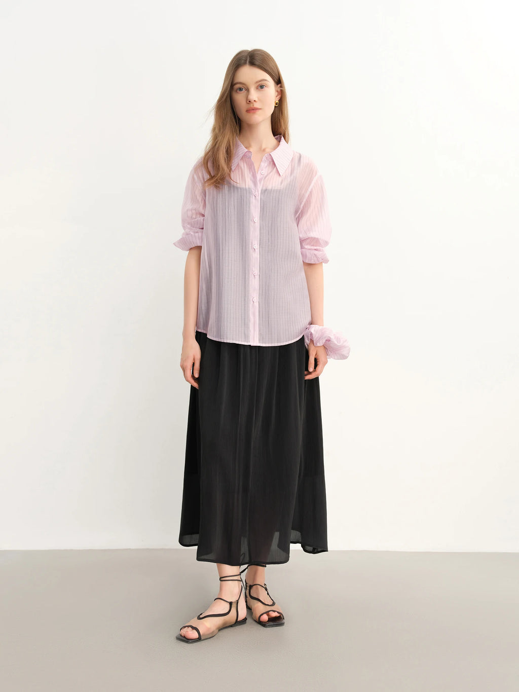DUSHU Plus Size Striped Perspective Long-sleeved Shirt For Women 2025 Summer New Arrival Fresh Chic Tops for Women 25DS82832