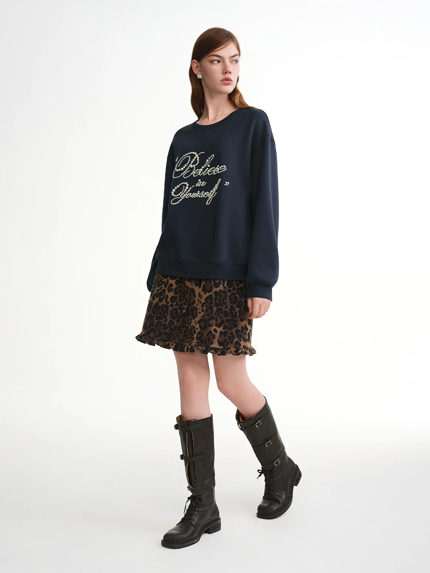 DUSHU 2025 Winter Women's Ruffle Trim Animal Print Short Skirt - A-Line Stretch Waist Mini Skirt for Casual and Date Nights