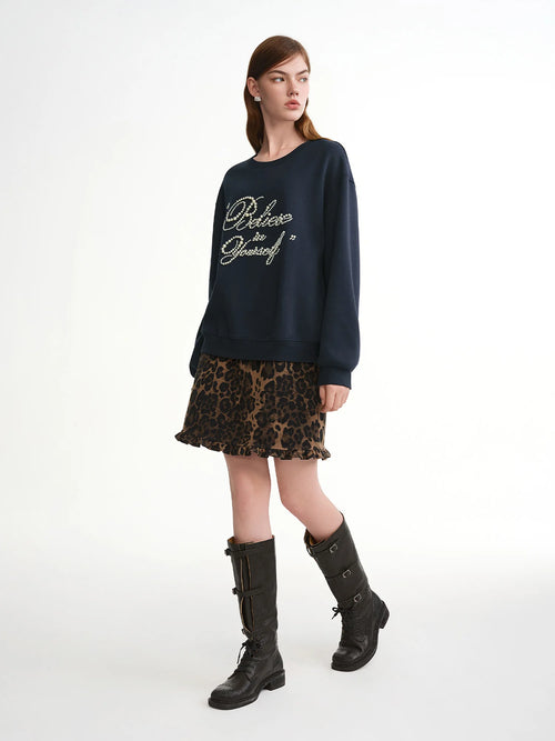 DUSHU 2025 Winter Women's Ruffle Trim Animal Print Short Skirt - A-Line Stretch Waist Mini Skirt for Casual and Date Nights