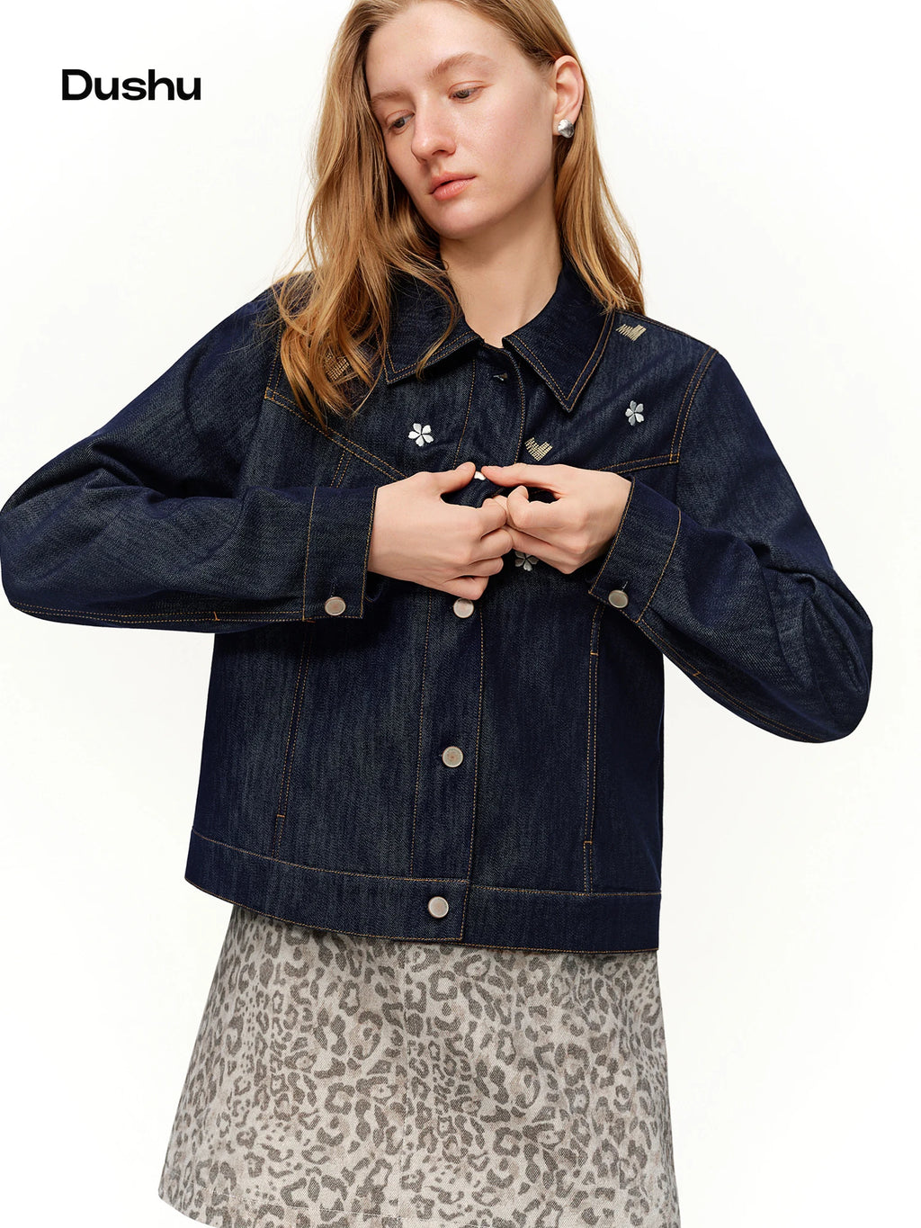 DUSHU Embroidered Denim Jacket Raw Washed Denim Jacket 2026 Spring New Women's Short Simple Straight Jacket American Style Retro