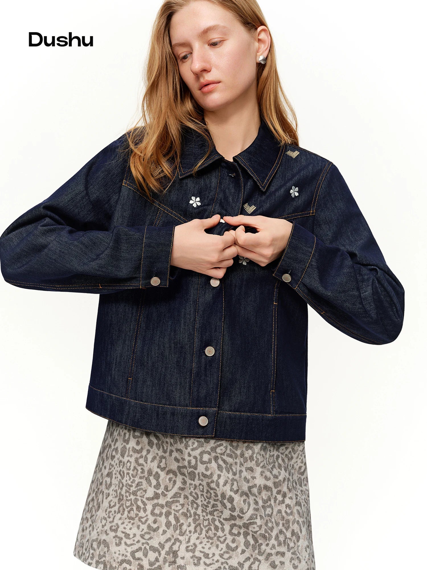 DUSHU Embroidered Denim Jacket Raw Washed Denim Jacket 2026 Spring New Women's Short Simple Straight Jacket American Style Retro