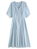 DUSHU 2025 Summer Women Curve-Flattering V-Neck Maxi Dress - Streamlined Zipper Back & Breathable Chiffon for Office-to-Outing