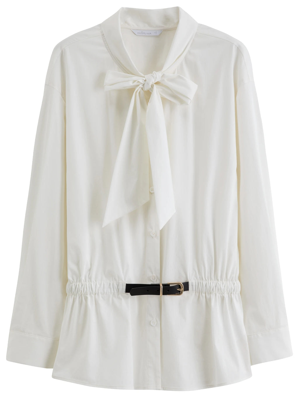 DUSHU Soft Mist Gentle Breeze Women's Blouse Stylish Belted Waist-Cinching Tie-Front White Shirt 2026 Spring New Arrival Shirts