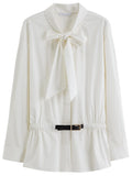 DUSHU Soft Mist Gentle Breeze Women's Blouse Stylish Belted Waist-Cinching Tie-Front White Shirt 2026 Spring New Arrival Shirts