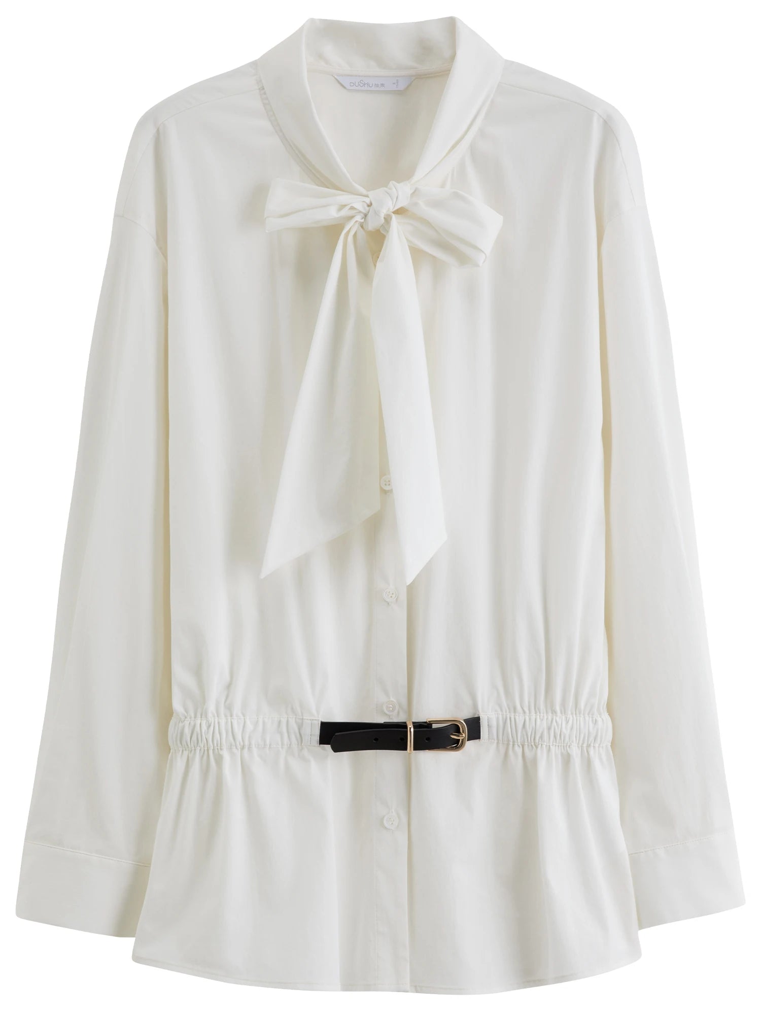 DUSHU Soft Mist Gentle Breeze Women's Blouse Stylish Belted Waist-Cinching Tie-Front White Shirt 2026 Spring New Arrival Shirts