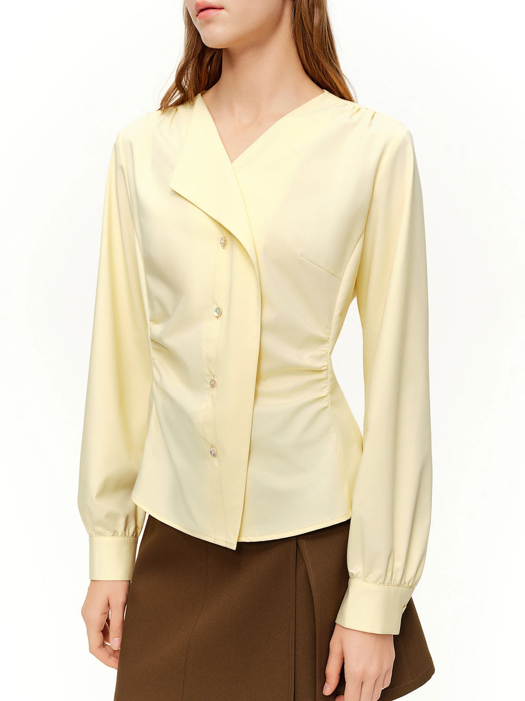 DUSHU 2026 Spring Women's V Neck Asymmetrical Blouse Unique Design Slim Fit Top for Effortless Office Style Lightweight Shirt