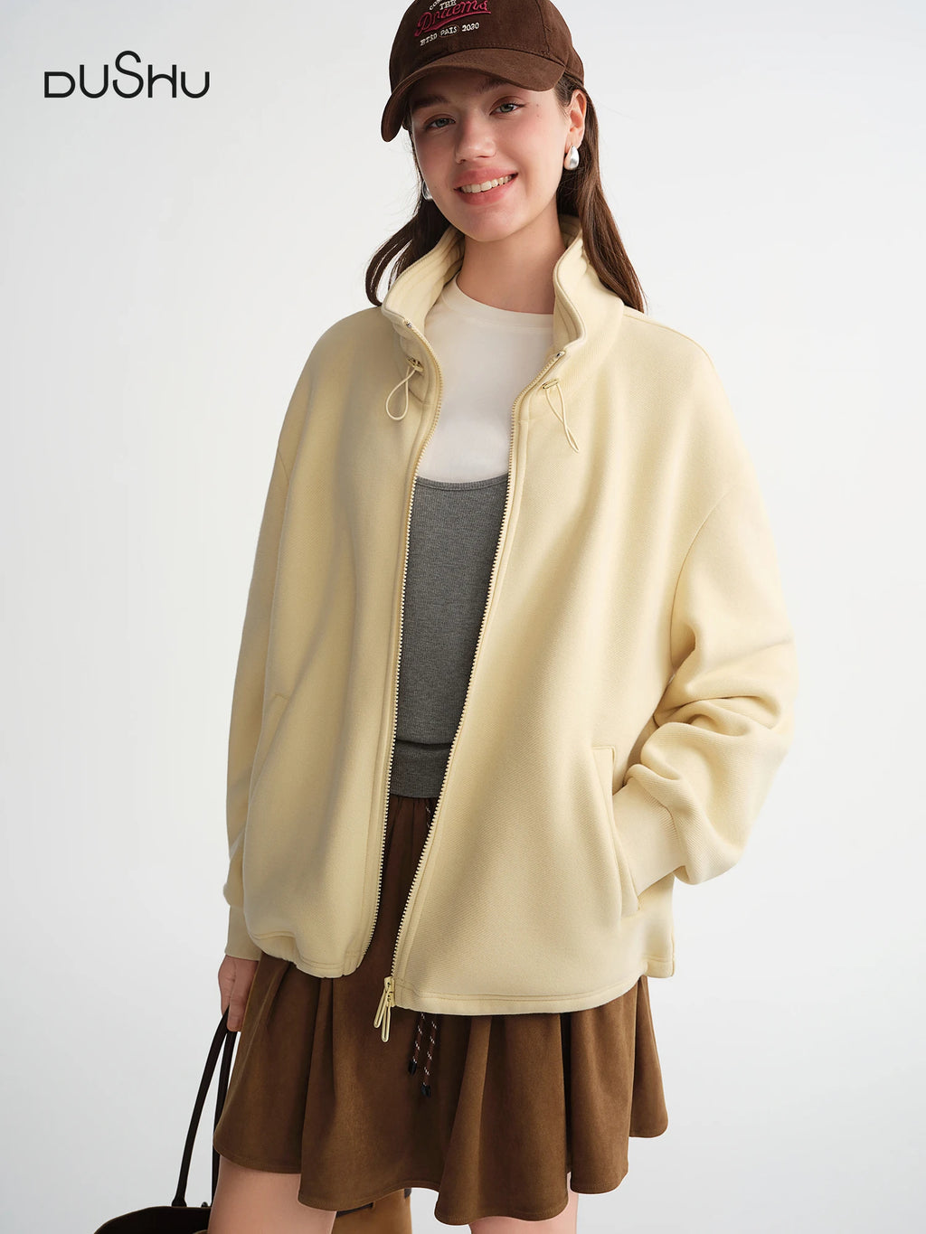 DUSHU Velvet Casual Sweater Jacket 2025 New Autumn and Winter Stylish Tops Yellow Sweet Leisure Simple Girlish Cotton Soft Ins