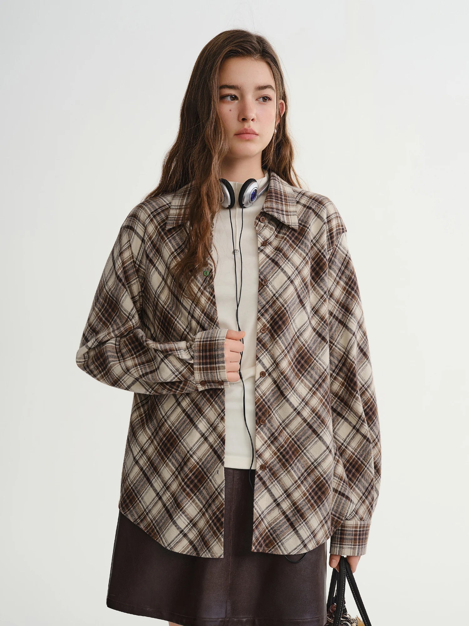 DUSHU Plus Size Women's Bias Cut Plaid Shirt 2025 New Arrival Bohemian Style Long Sleeve Blouse with Relaxed Fit Casual Tops