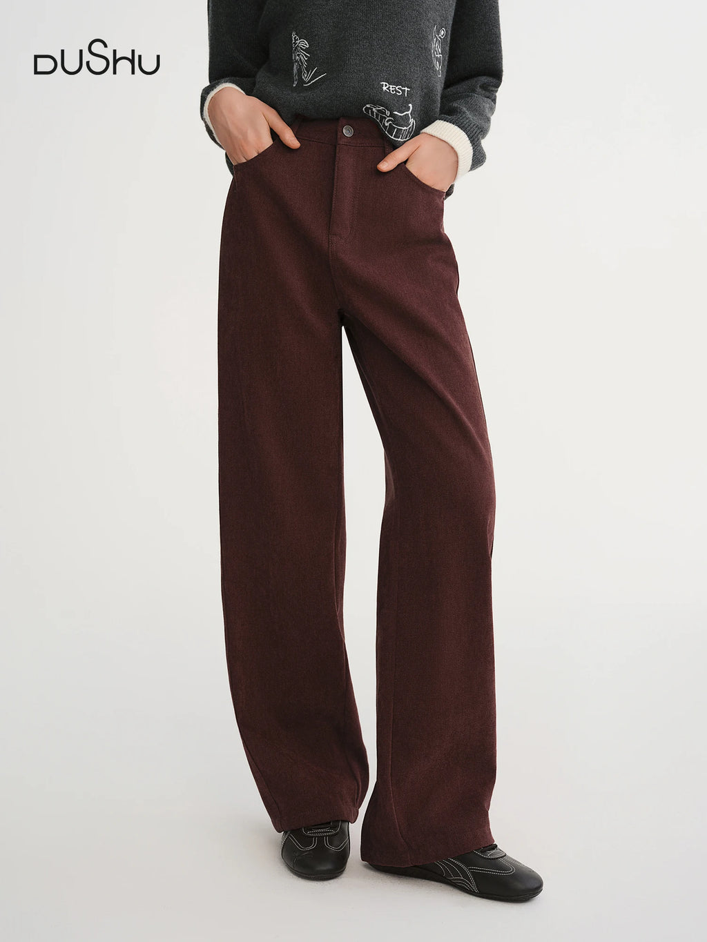 DUSHU 2025 Winter Women's High Waist Straight Wide Leg Pants - Office Casual Trousers with Stretch Fabric for Daily Comfort Wear