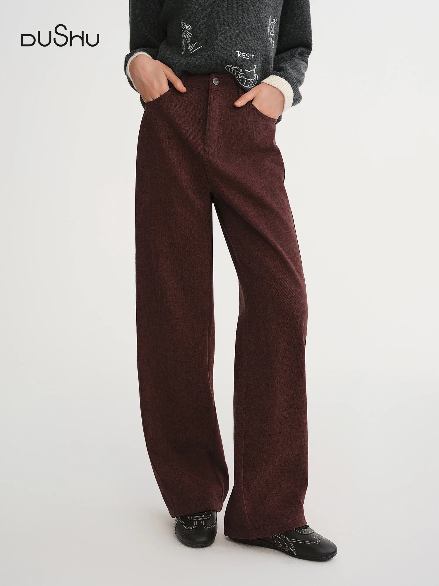 DUSHU 2025 Winter Women's High Waist Straight Wide Leg Pants - Office Casual Trousers with Stretch Fabric for Daily Comfort Wear