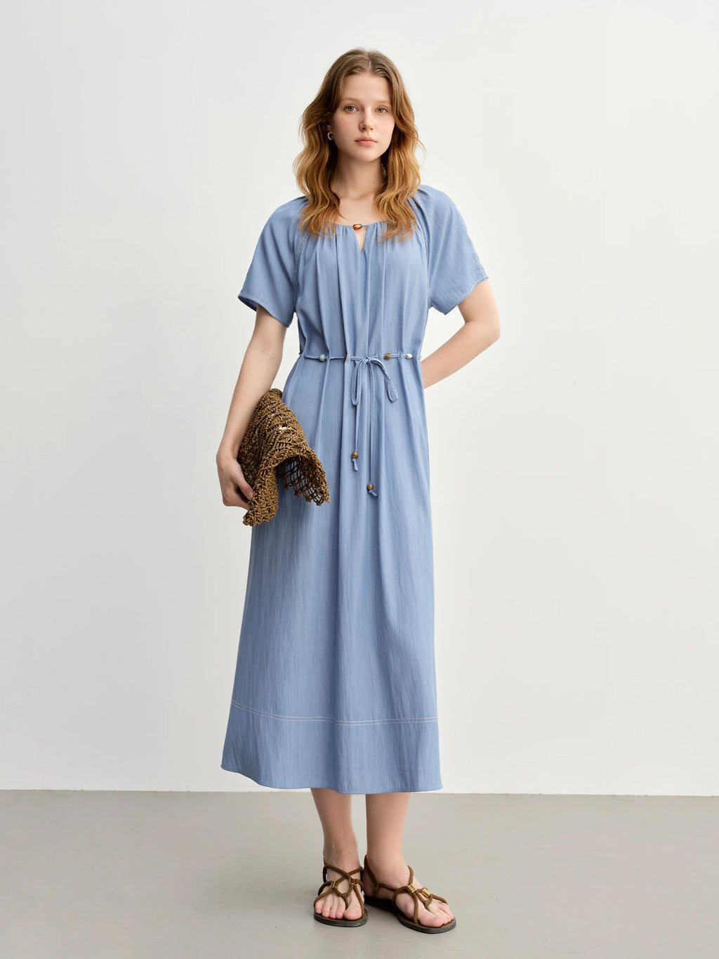 DUSHU Summer 2025 Textured Pleat Dress - Fluid Bead Adjustable Tie Maxi Resort to Office Elegant Silhouette