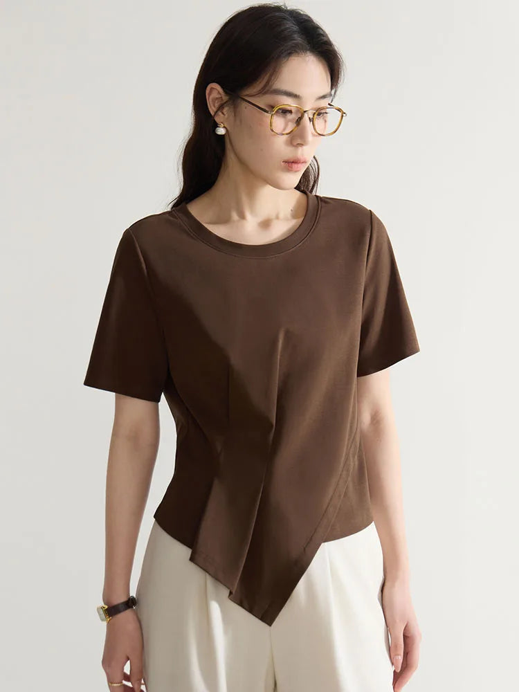 DUSHU 【4 colors】V-Neck Women Cotton Black Short Sleeve Tees Round Neck Front Shoulder White Pleated T-Shirts 24DS82342+24DS82496