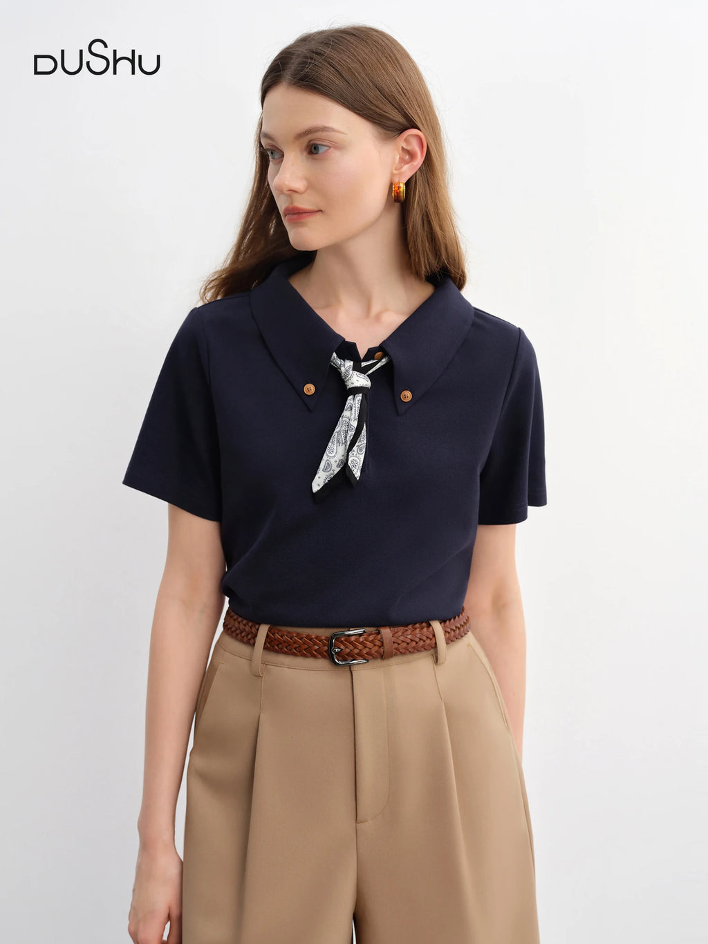 DUSHU Plus Size Women Waistflower Scarf Pattern Short Sleeve Polo Collar T-Shirt New 2025 Arrival Relaxed Fit 25DS82918