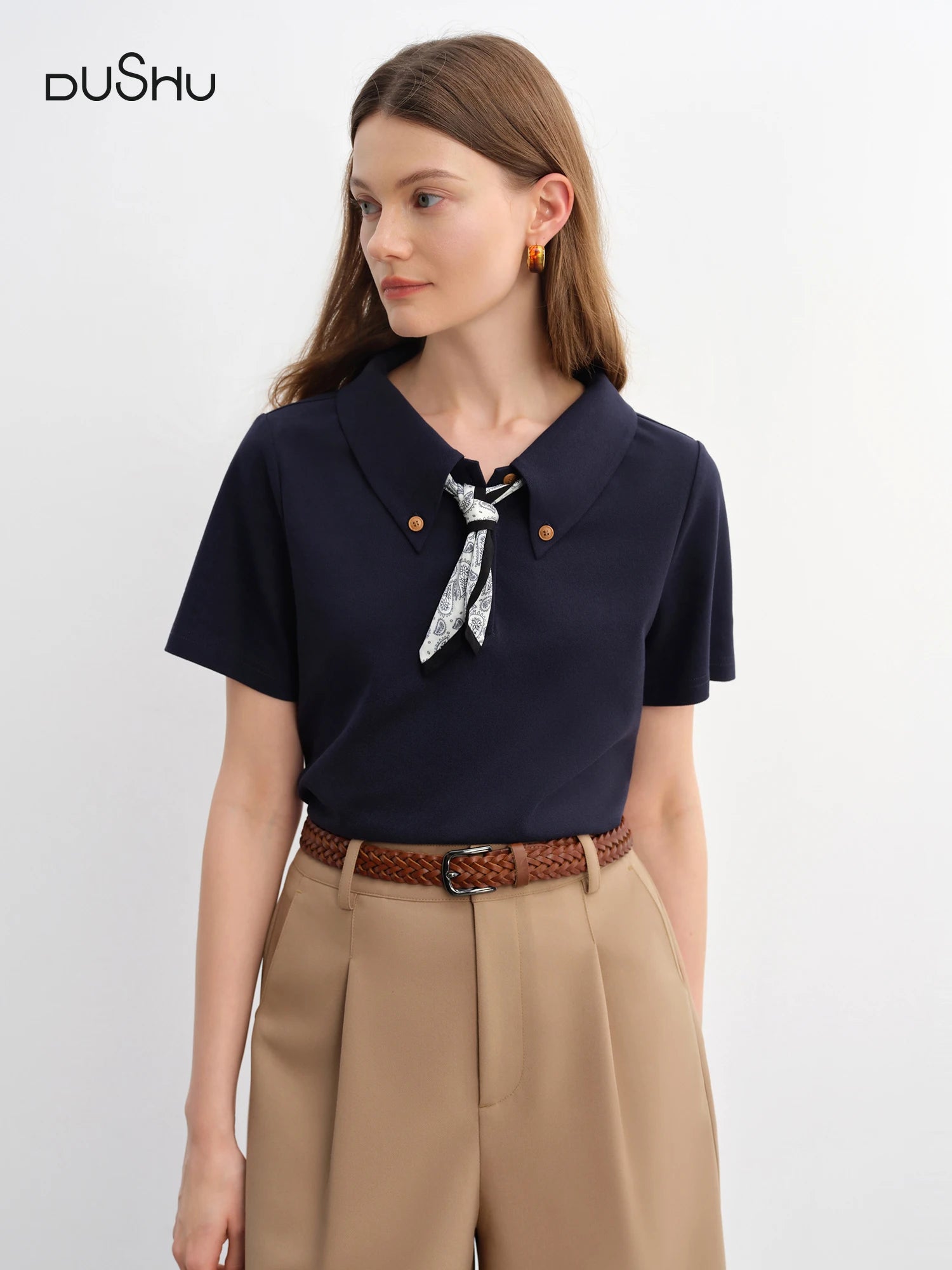 DUSHU Plus Size Women Waistflower Scarf Pattern Short Sleeve Polo Collar T-Shirt New 2025 Arrival Relaxed Fit 25DS82918