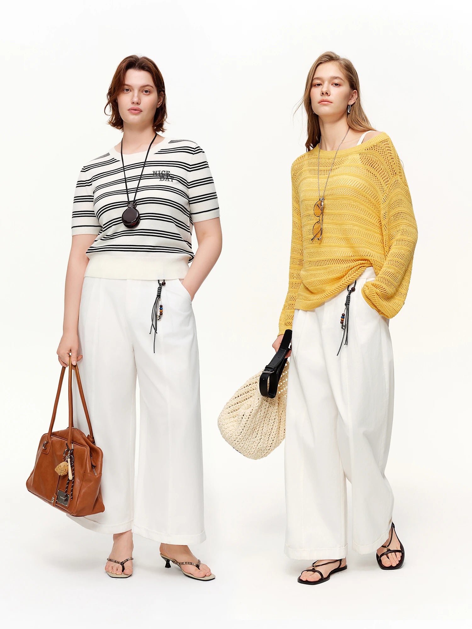 DUSHU Spring Women Beaded Drawstring High Waist Wide Leg Trousers Straight Fit Casual Pants Minimalist Street Style Loose Fit
