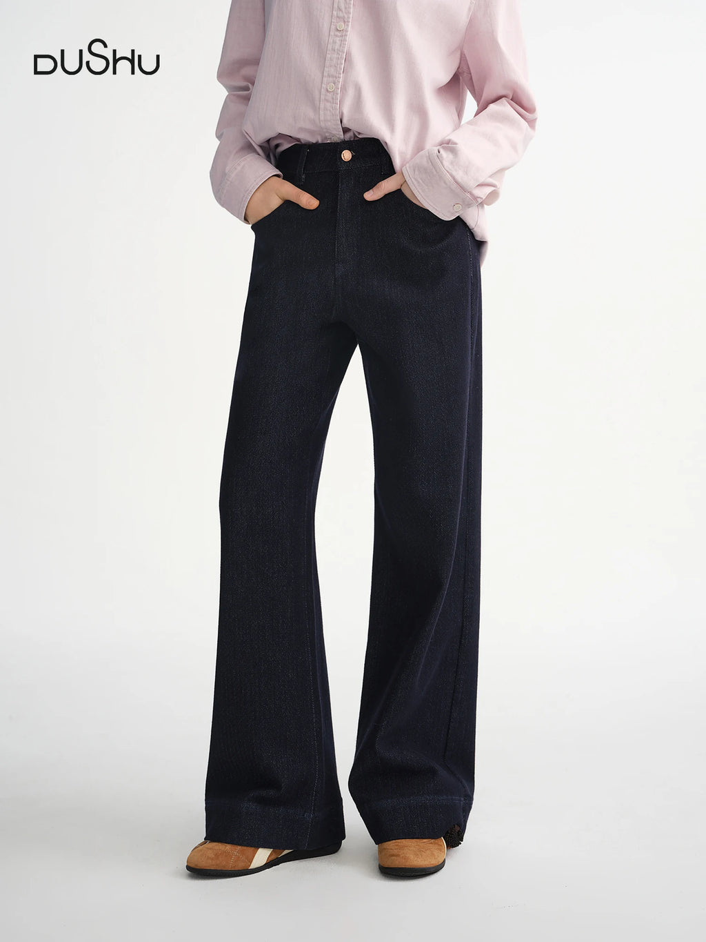 DUSHU 2025 Winter Women Herringbone Texture Straight Leg Jeans - Classic Denim Pants Comfortable Fit for Everyday Casual Wear