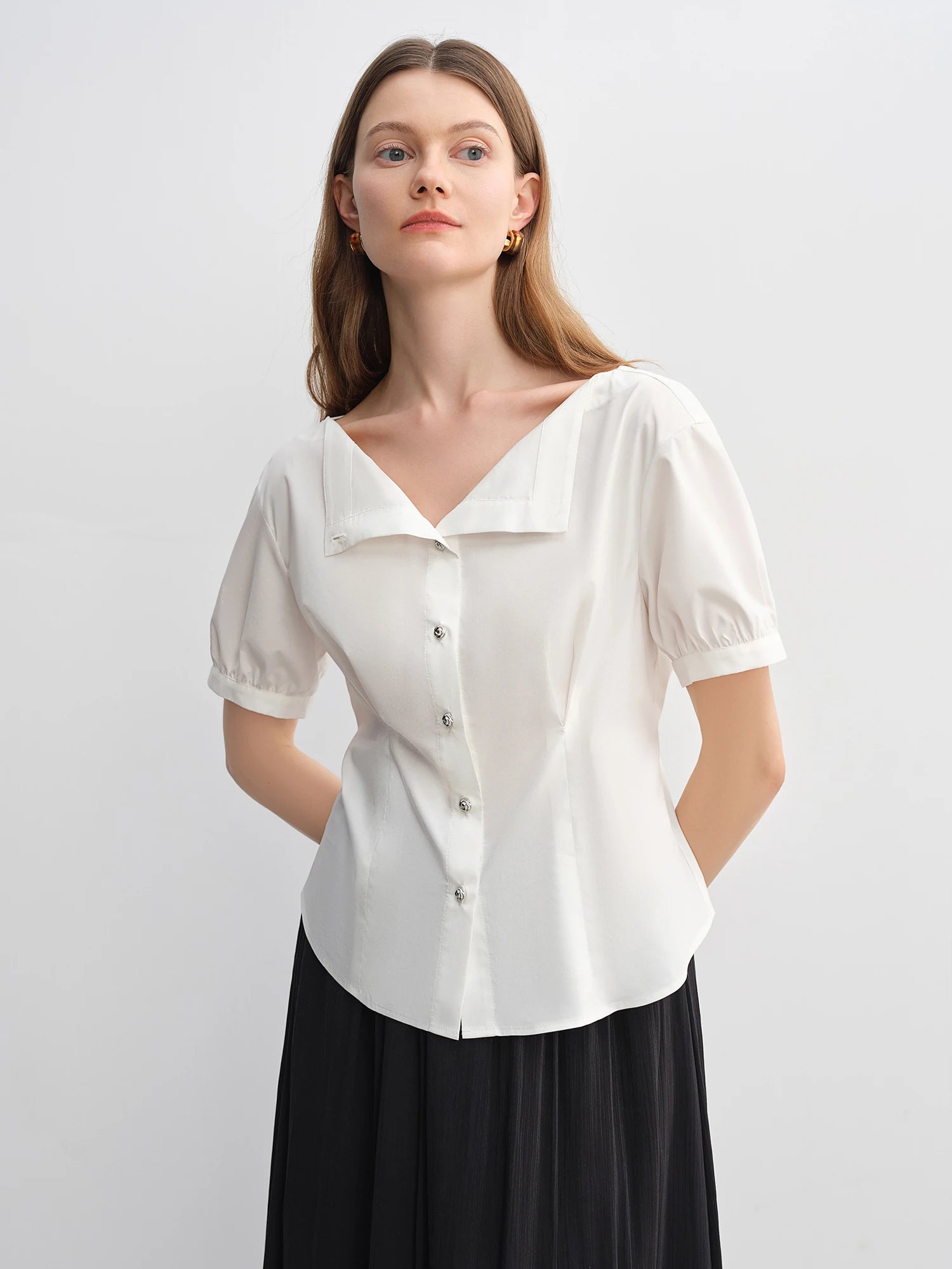 DUSHU Simple Elegance Solid Color Strapless Slim-Fit Summer Top Women Shirts Black White Blouses Tees 25DS82987