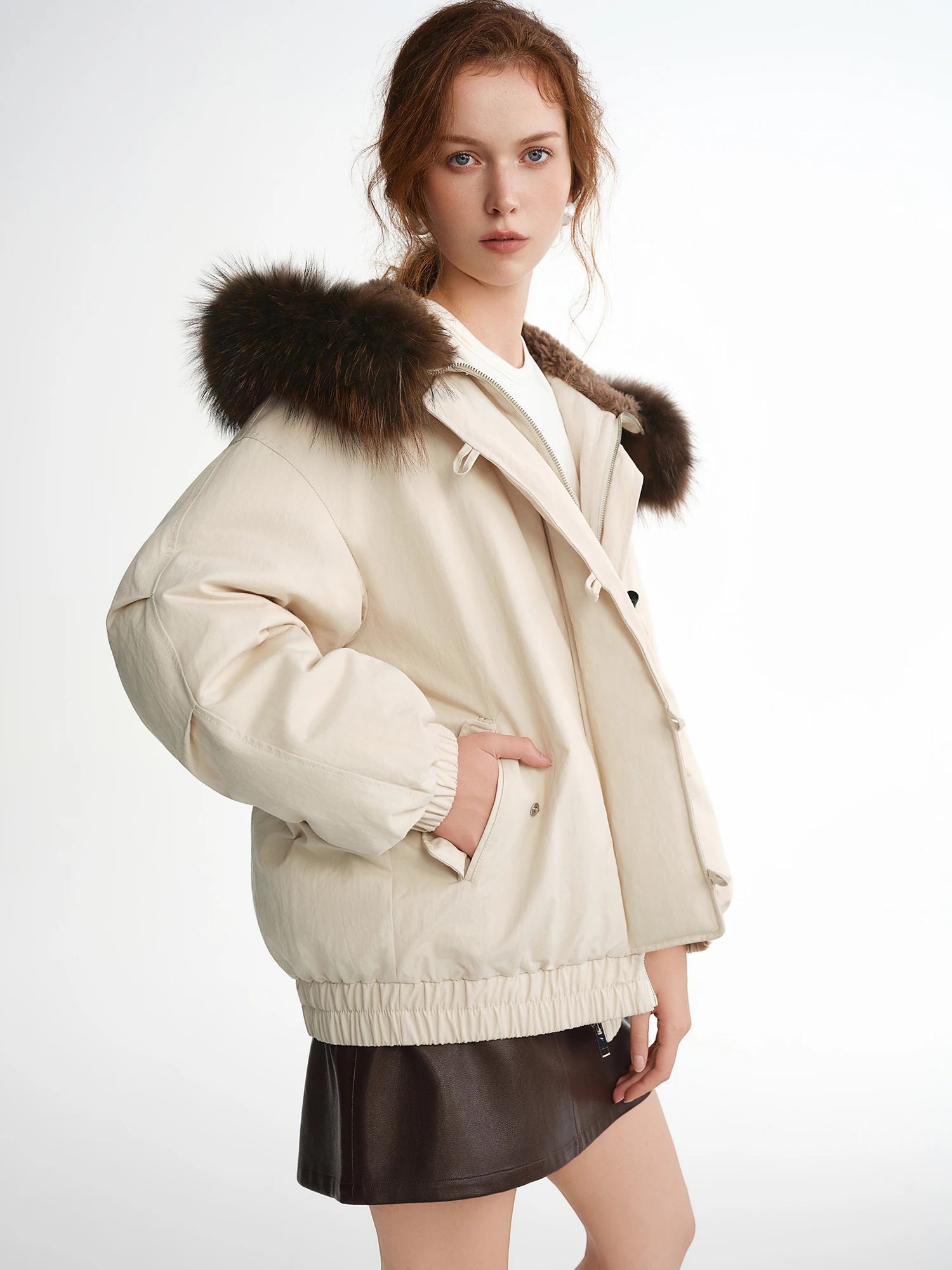 DUSHU Down Jacket Women Horn Buckle Raccoon Fur Collar New Winter Style Warm Coat Vintage American Barn Style Daily Leisure