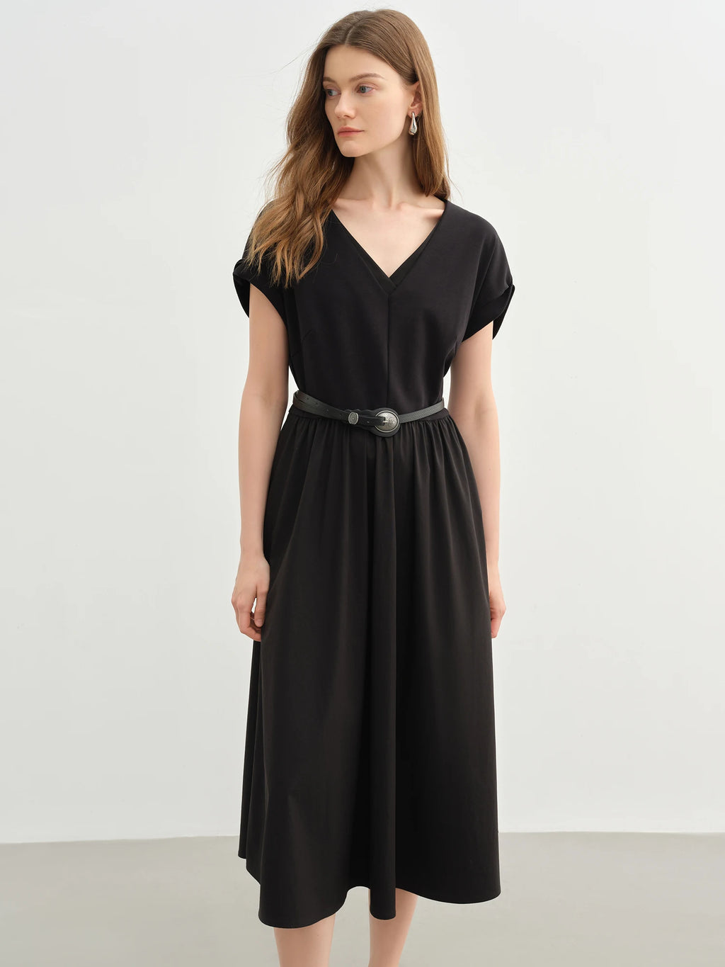 DUSHU Plus-size Women Elegant Double-layer V-neck Waist-defining Dress 2025 Summer New Arrival Fashionable Office Wear 25DS82642