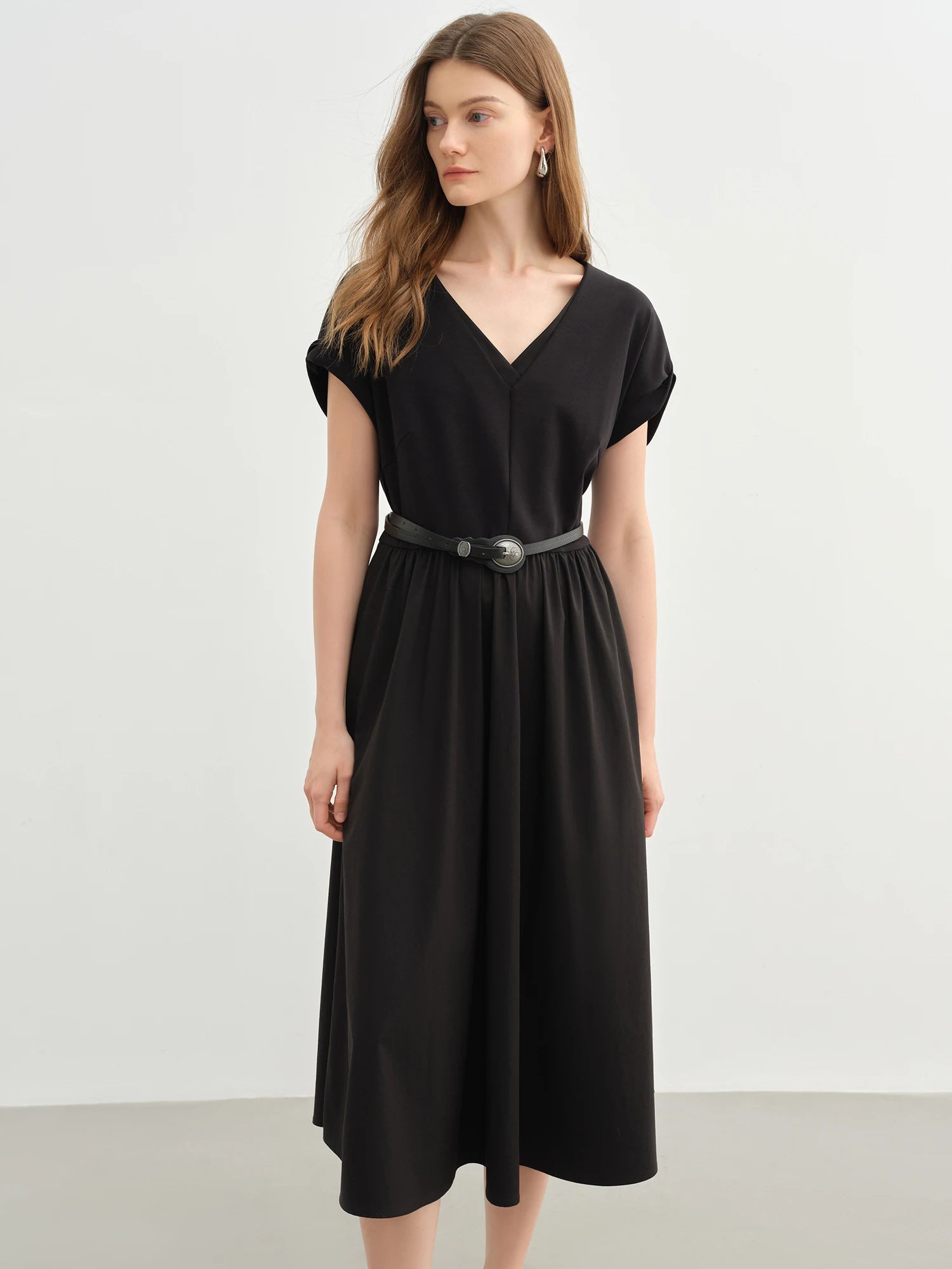 DUSHU Plus-size Women Elegant Double-layer V-neck Waist-defining Dress 2025 Summer New Arrival Fashionable Office Wear 25DS82642