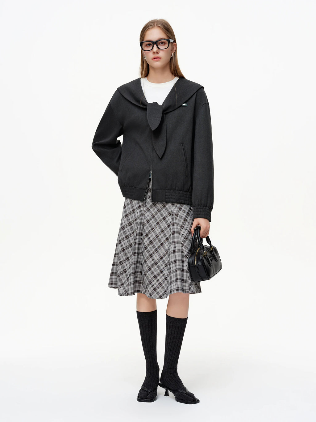 DUSHU Women's Nautical Collar Drop Shoulder Jacket 2026 Spring Oversized Slim Outerwear Zipper Coats Age-reducing Japanese Style