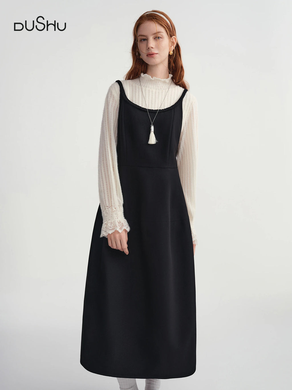 DUSHU Plus Size 2025 Women's Sleeveless Slip Midi Dress Satin Lace Trim Elegant Cocktail Party Gown Winter Velvet Evening Dress