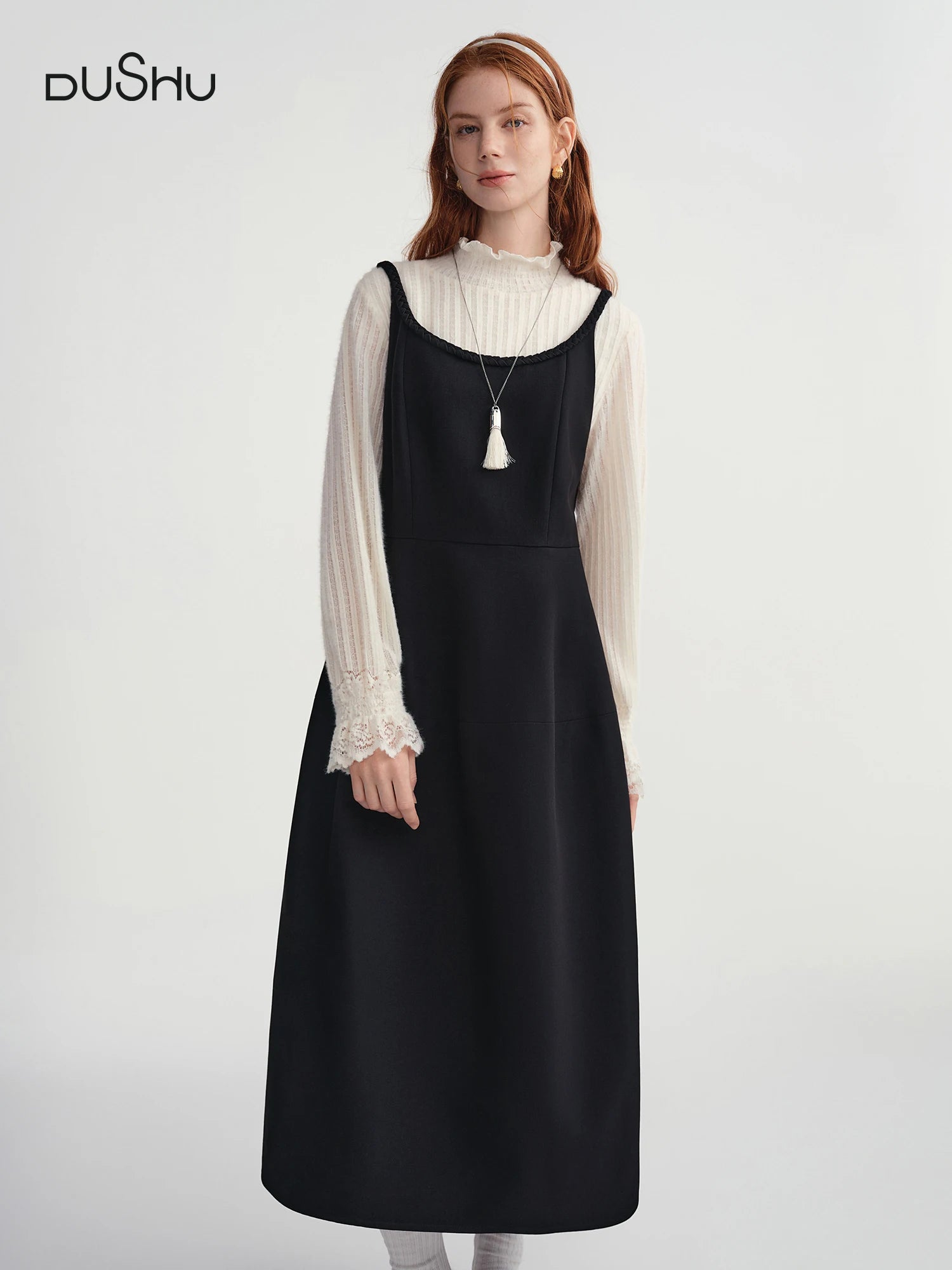 DUSHU Plus Size 2025 Women's Sleeveless Slip Midi Dress Satin Lace Trim Elegant Cocktail Party Gown Winter Velvet Evening Dress