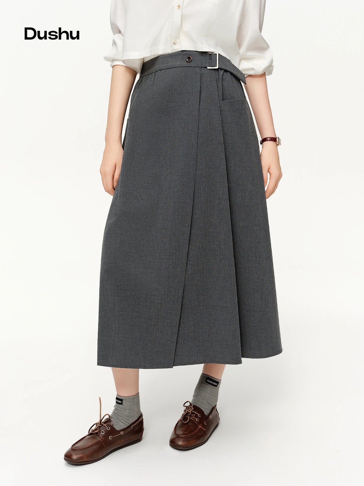 DUSHU High-waisted Slimming Midi Skirt New Spring 2026 Style Grey Mid-calf Solid Simple Pleated Commuting All-match Korean