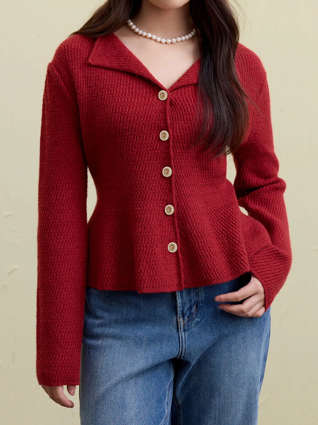 DUSHU Office lady Knitted Sweater V-neck Red Sweater 2024 Winter Bubble Sleeve Cinched Knit Top Casual Loose Women Tops 24DS8463