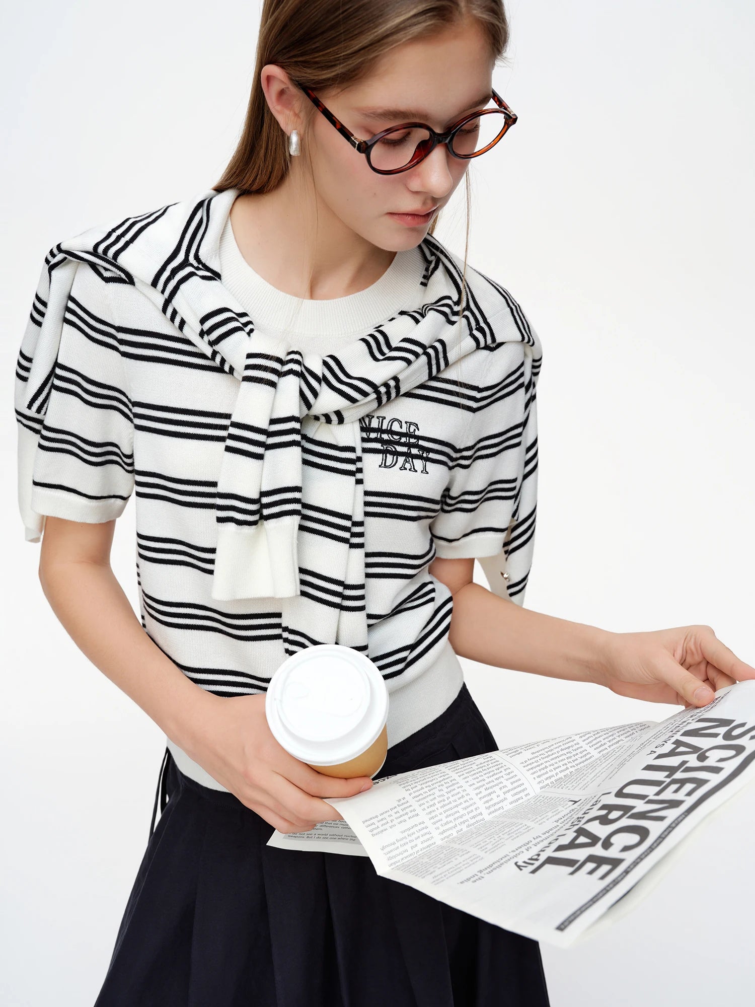 DUSHU 2025 Spring New Lazy Stripe Short Sleeve Cardigan Knit Shirt Fashion Slimming Knitwear Outfit Casual Spring Top Shirt