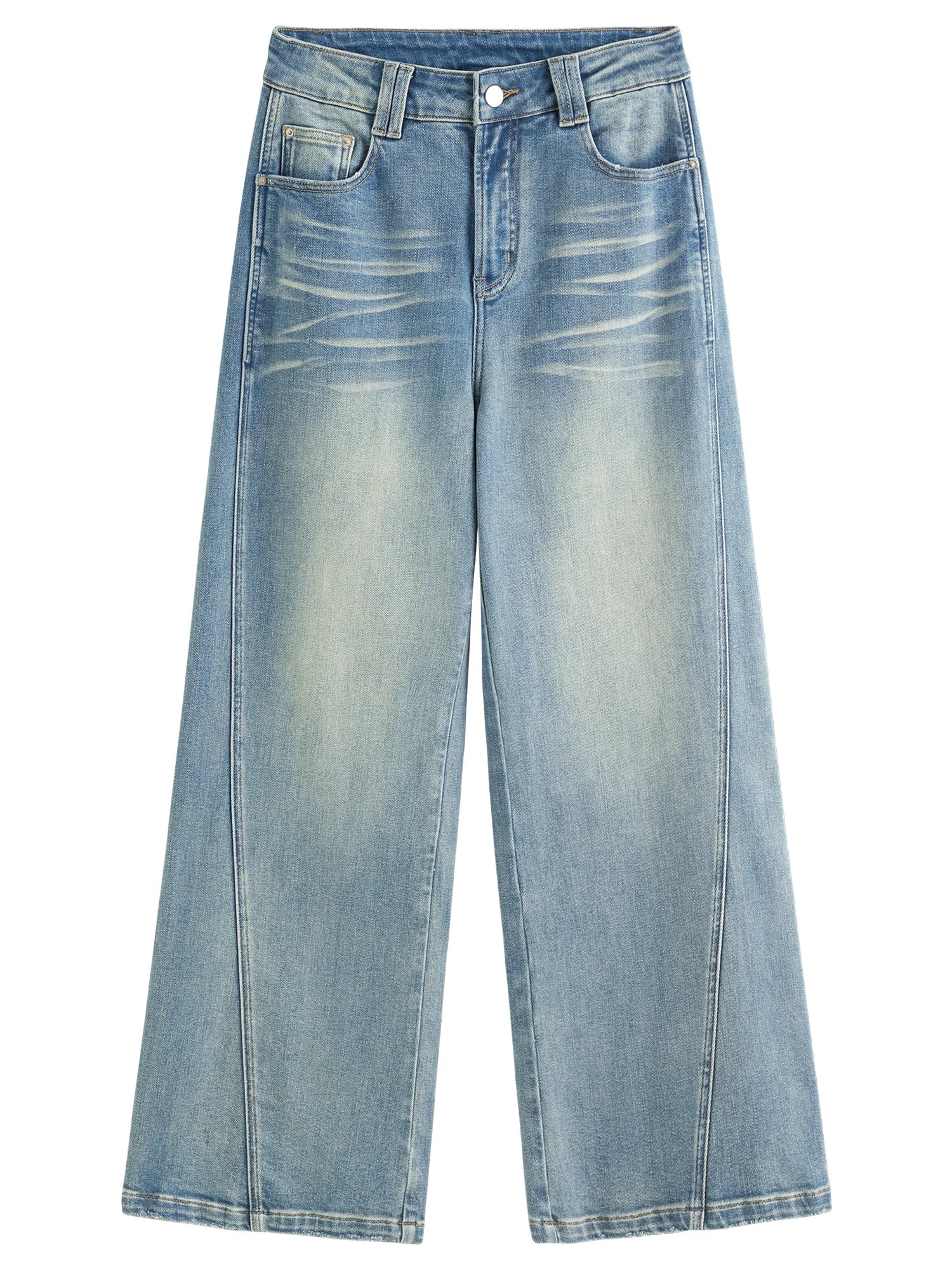 DUSHU Plus Size Design Sense Retro Washed Blue Straight Jeans High Waist Drape Slim Wide Leg Pants 2025 New Arrival 25DS83034