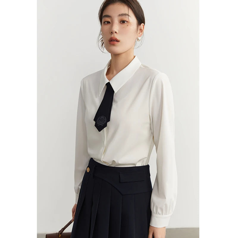 DUSHU Preppy Style Detachable Tie Shirt Vest Two-piece Set for Women Spring New Navy Blue and Khaki Color Shirt + Vest Female