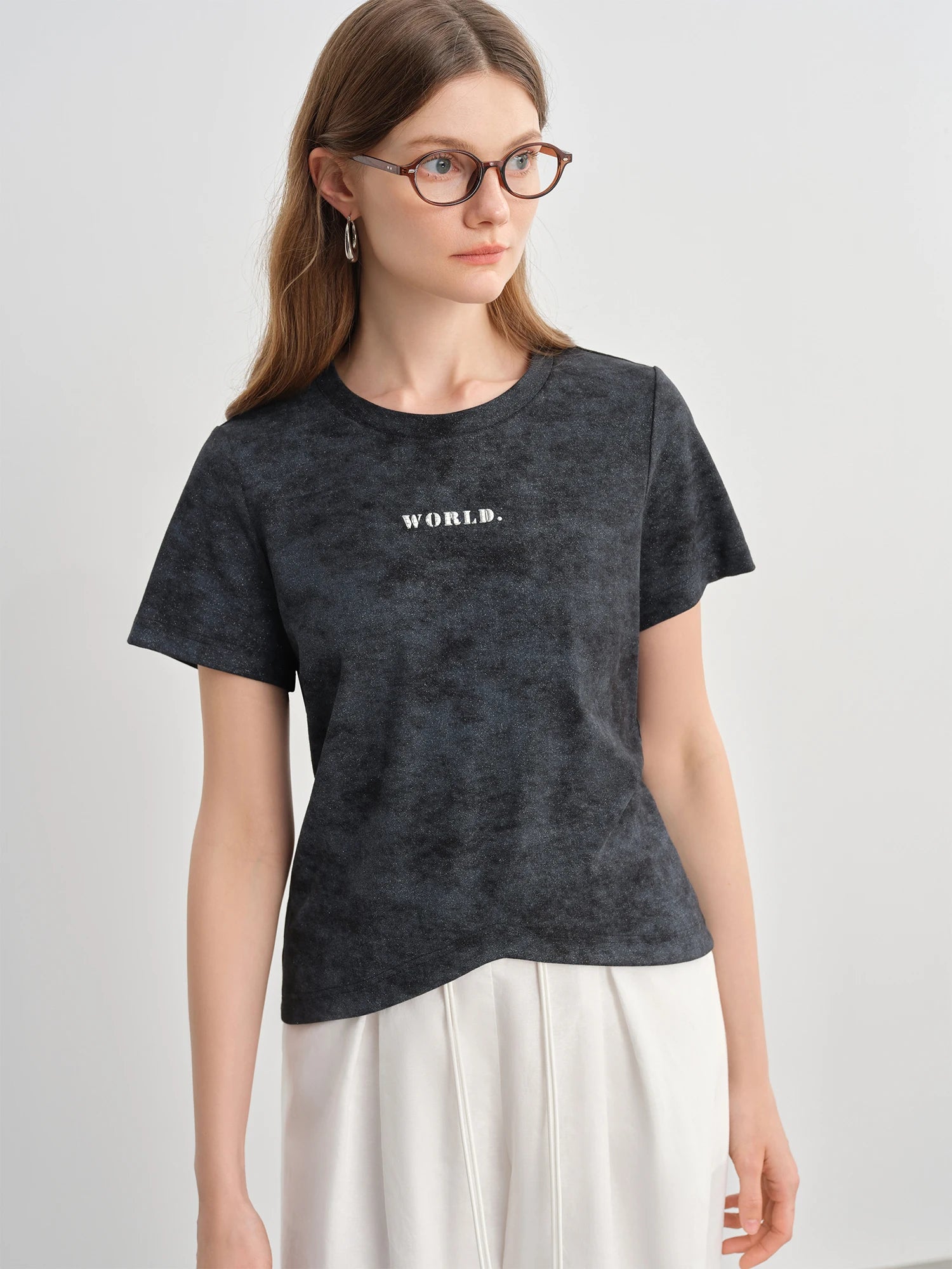 DUSHU Plus-Size Women's Vintage Dyed Letter Print Fitted T-Shirt with Sparkling Details - 2025 Summer Collection Tees 25DS82709