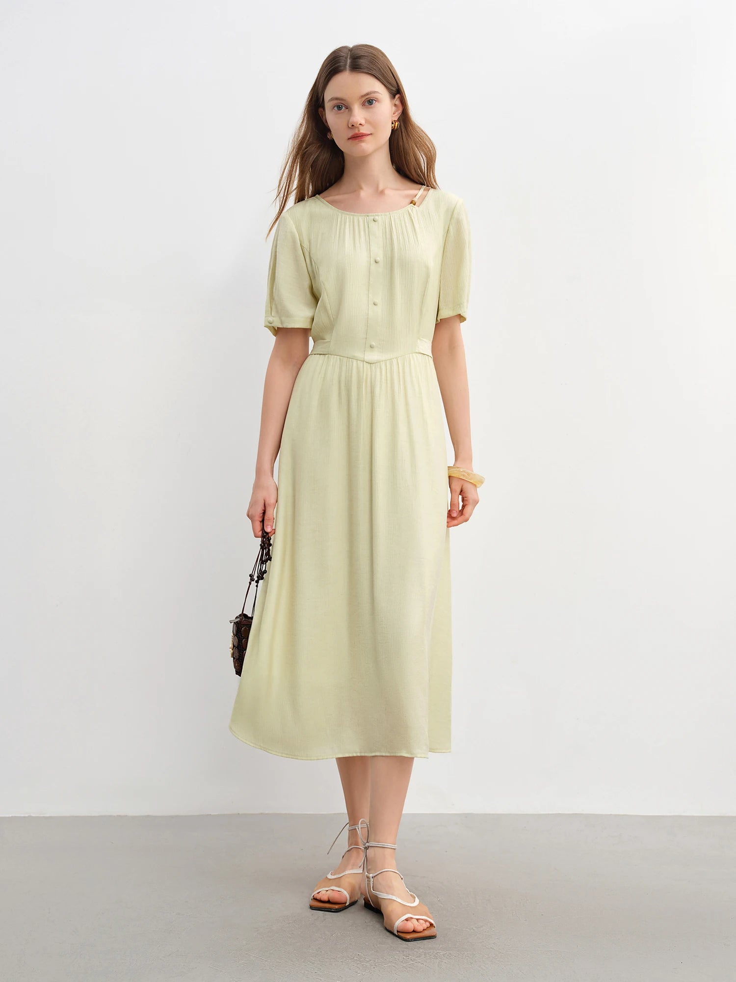 DUSHU Commuter Simple Dress 2025 Summer New Beaded Round Neck Tie Waist Slim MIdi-length Dress 25DS82976