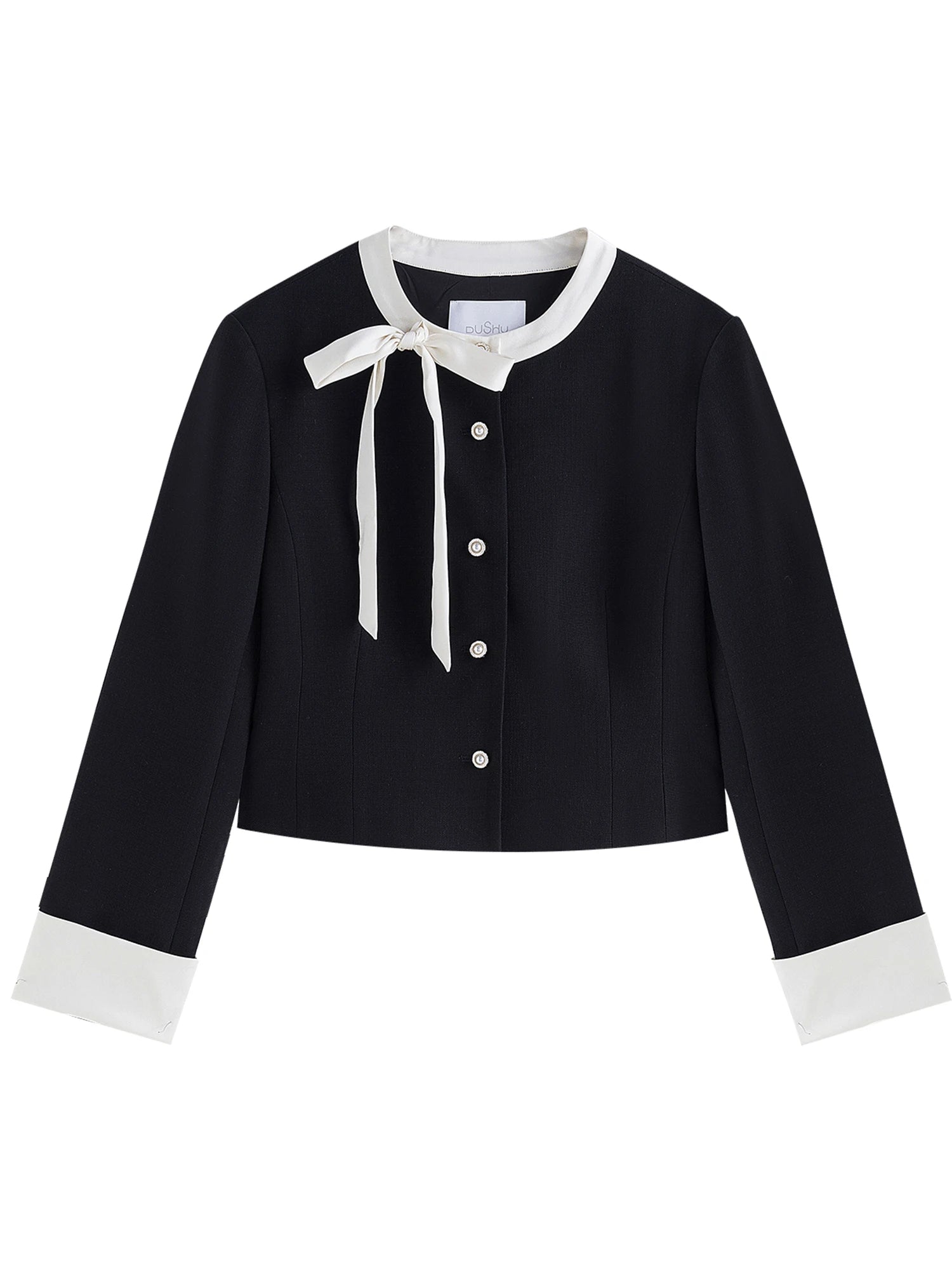 DUSHU Women Faux Tweed Jacket Patchwork Neckline Design Female Short Coats Office Lady Black Skirt Sets 24DS83343+24DS83344
