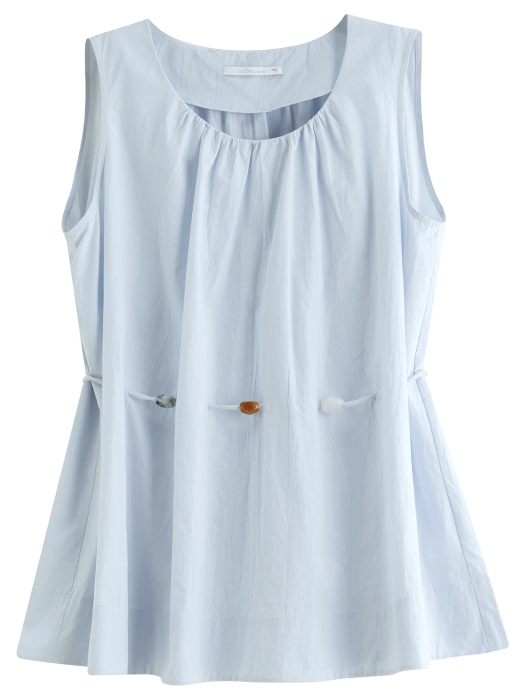 DUSHU Women's Holiday Wave Beaded Sleeveless Blue Shirt Pure Cotton Breathable Shirt Temperament Women's Top 25DS82727