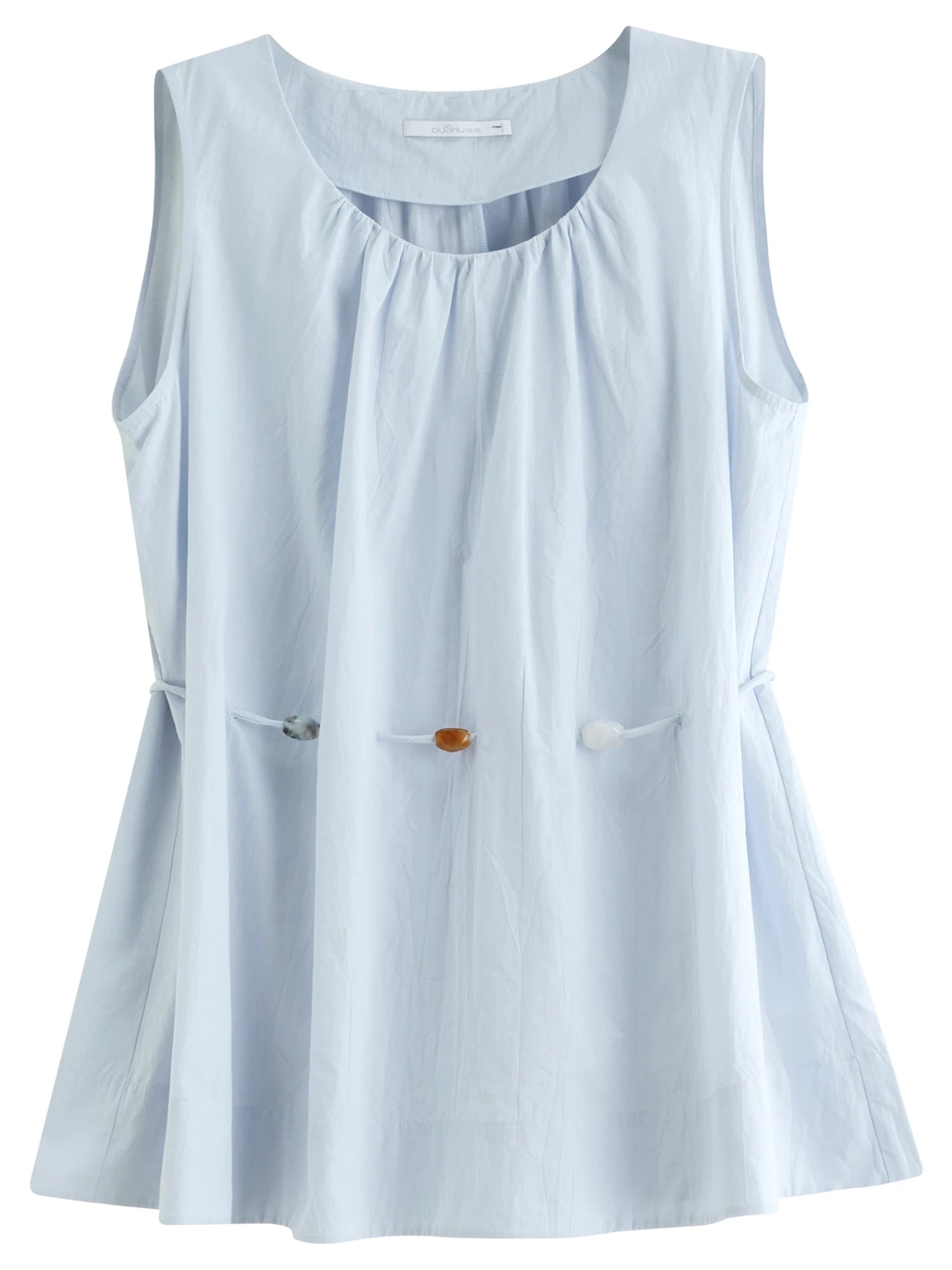 DUSHU Women's Holiday Wave Beaded Sleeveless Blue Shirt Pure Cotton Breathable Shirt Temperament Women's Top 25DS82727