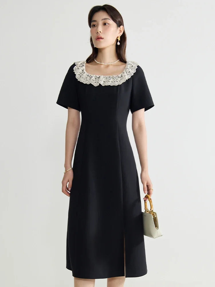 DUSHU Women Long Black A-LINE Dress Neckline Lace Design Female Short Sleeve High Waist Polyester Split Dresses 24DS82682