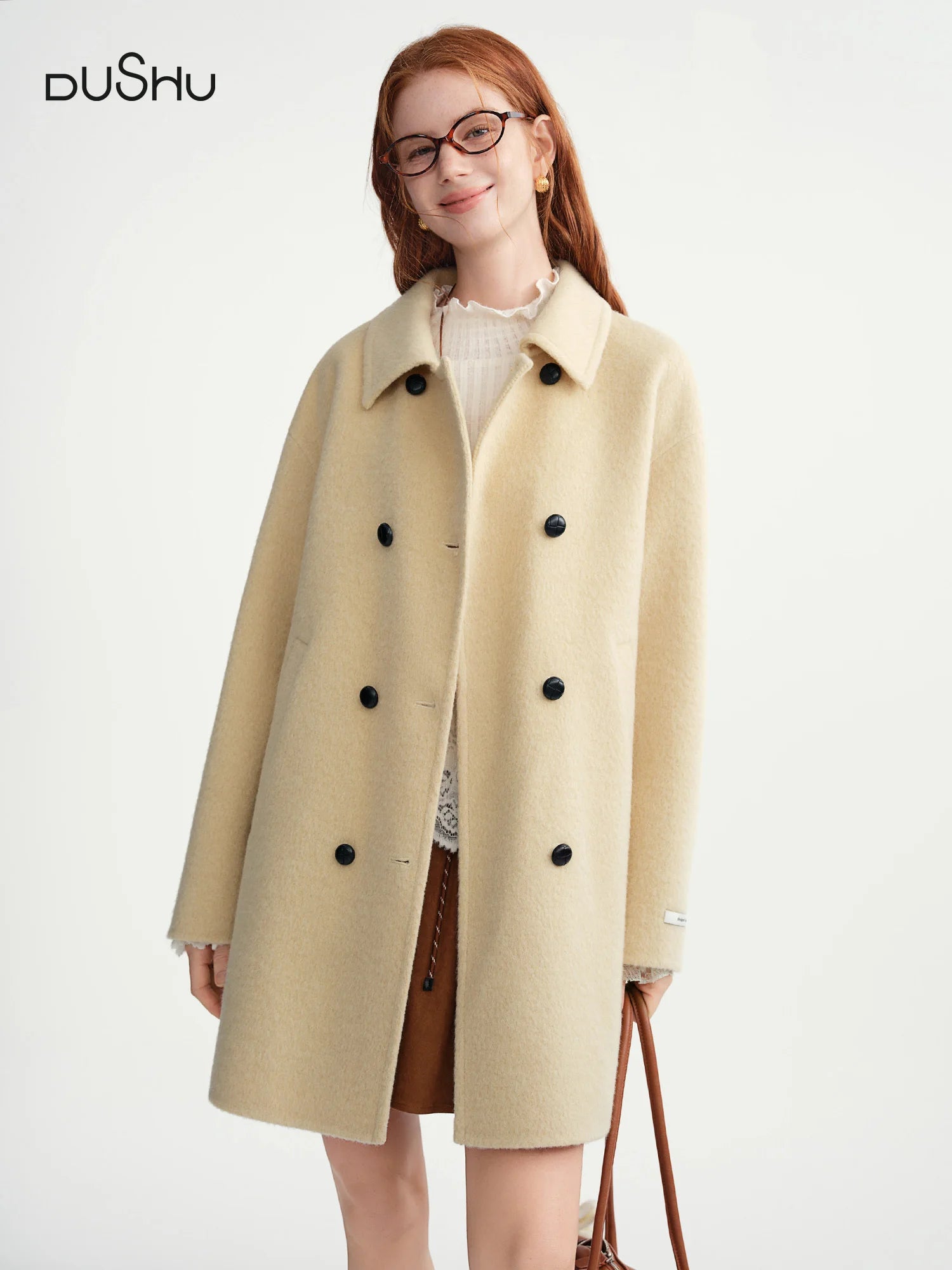 DUSHU 2025 Women's Contrast Color Double Breasted Wool Coat Winter Warm Double Faced Tweed Overcoat Elegant Loose Fit Outerwear
