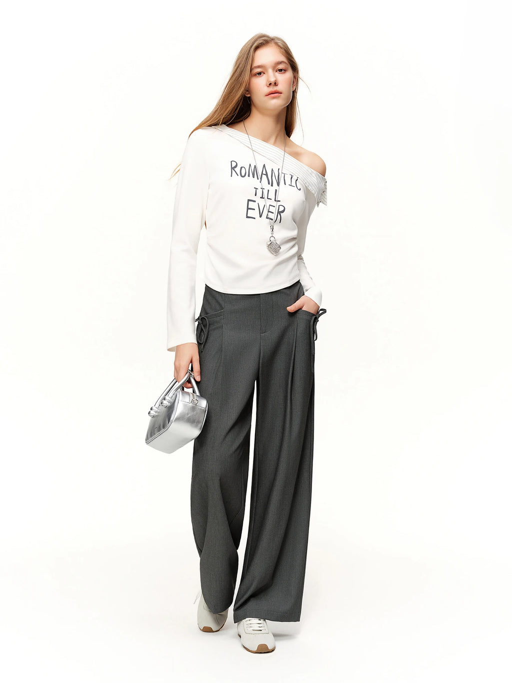 DUSHU 2026 Spring Women's Stripe Panel High Waist Straight Leg Pants - Elegant Casual Trousers with Contrast Trim for Daily